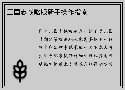 三国志战略版新手操作指南