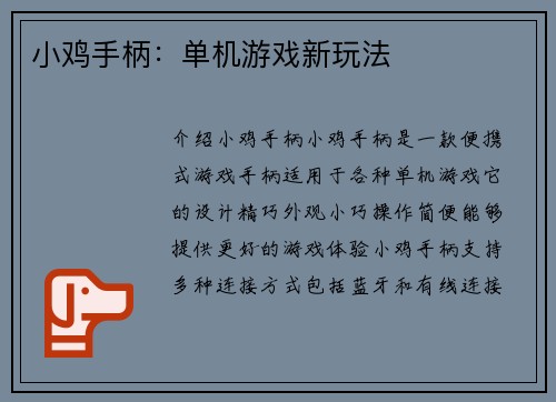 小鸡手柄：单机游戏新玩法